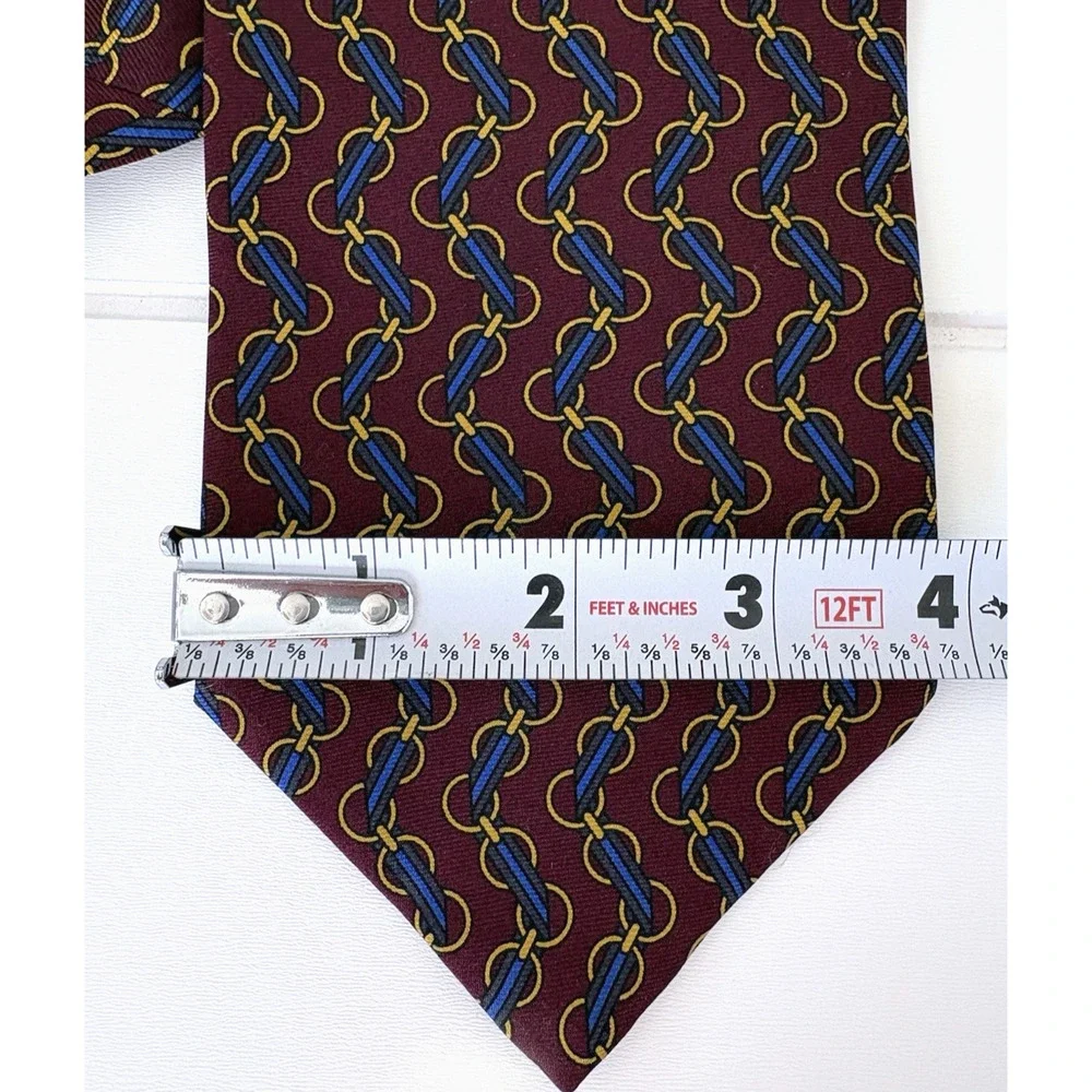 Ted Lapidus Silk Tie Made in USA Burgundy Blue Gold Chain Equestrian 3.75